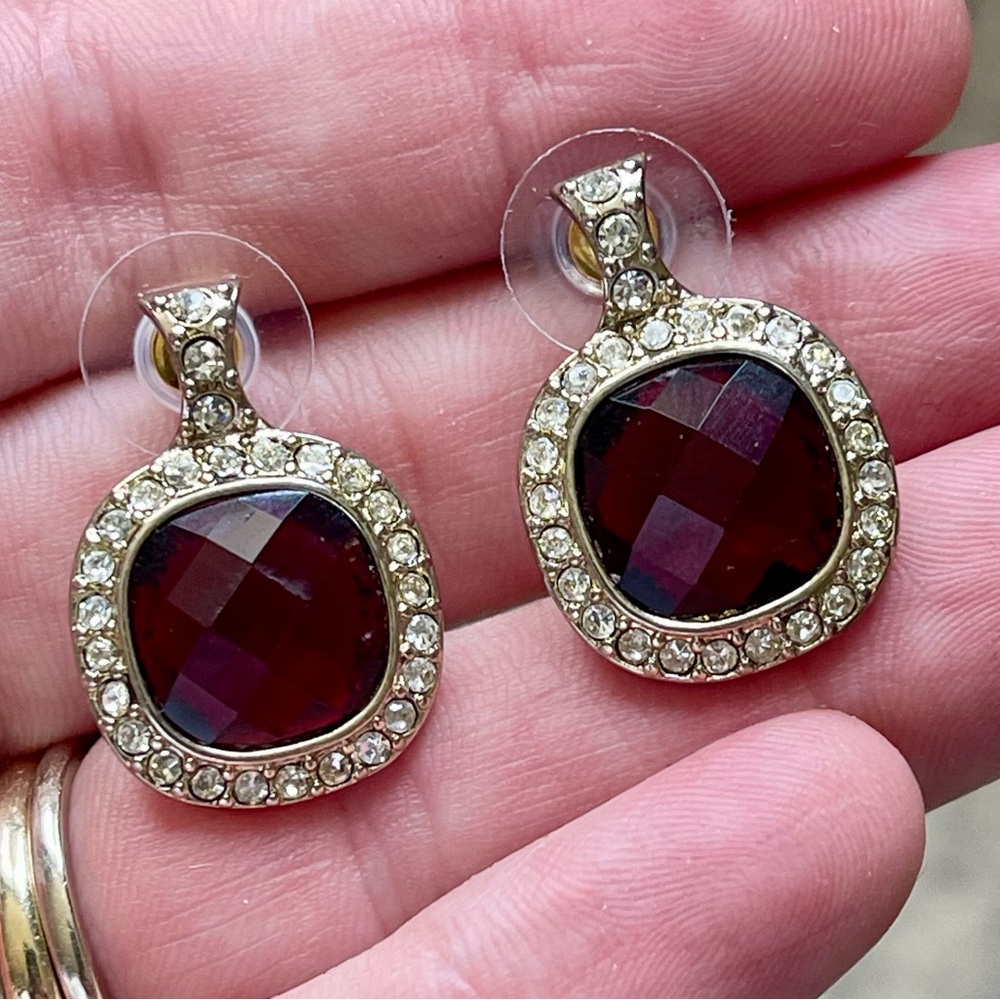 Statement Earrings Goldtone Faux Ruby Crystal Party Glam Holiday Festive
